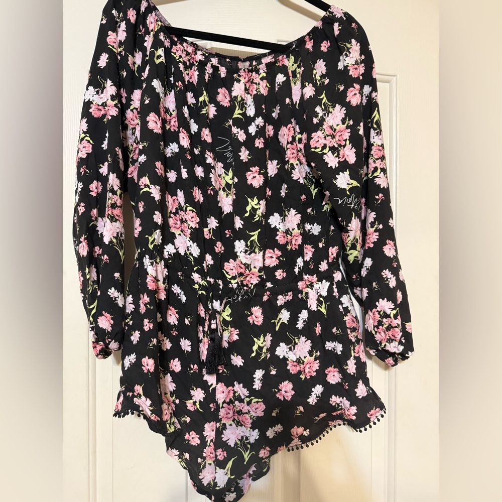 Floral Black and Pink mid Sleeve romper